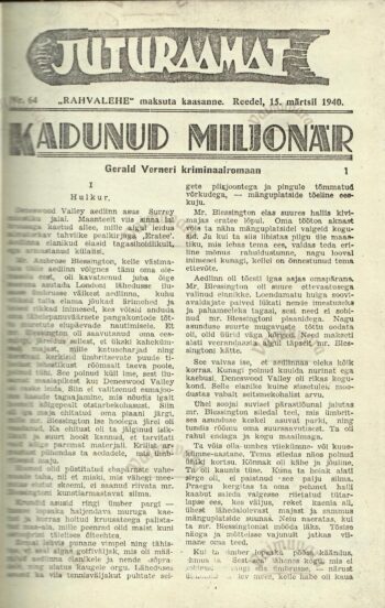 Kadunud miljonär - Gerald Verner 1940 Kadunud miljonär - Gerald Verner krimka