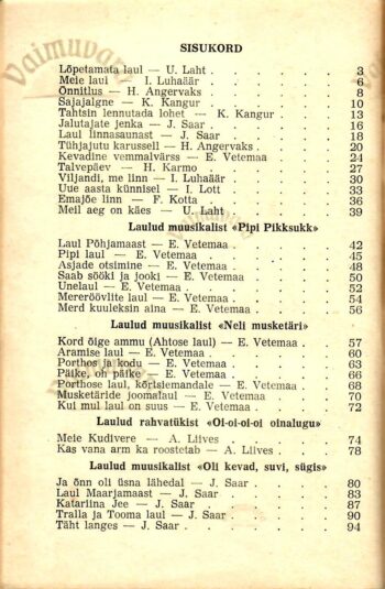 Laule - Ülo Vinter. Sisukord. 1974 Laule - Ülo Vinter. Sisukord. 1974