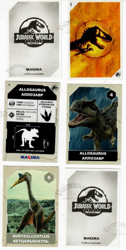 Maxima kleebised ja kaardid Jurassic World raamatule "Käi dinosauruse jälgedes"